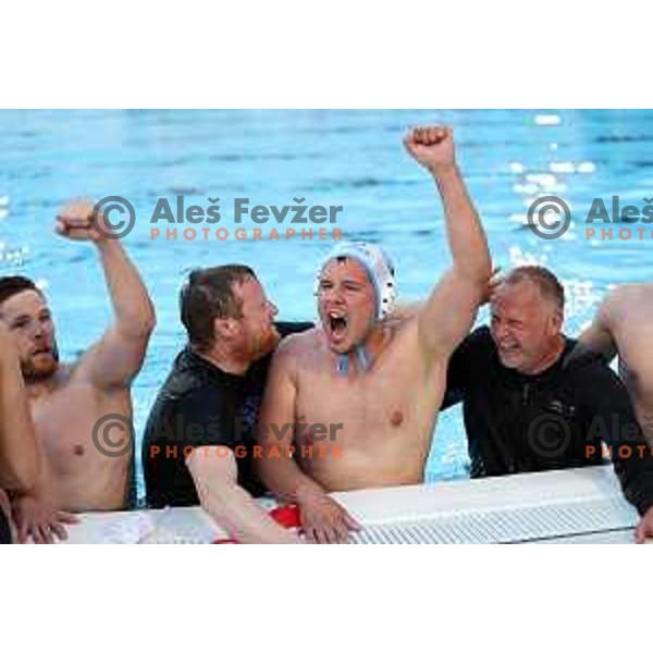 players of Calcit Kamnik celebrate Slovenian National Waterpolo Title after victory over Triglav Kranj in the fourth match of the Final in Kamnik, Slovenia on June 2, 2021