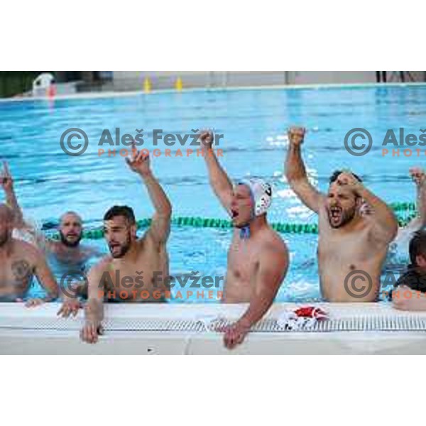 players of Calcit Kamnik celebrate Slovenian National Waterpolo Title after victory over Triglav Kranj in the fourth match of the Final in Kamnik, Slovenia on June 2, 2021