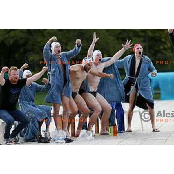 players of Calcit Kamnik celebrate Slovenian National Waterpolo Title after victory over Triglav Kranj in the fourth match of the Final in Kamnik, Slovenia on June 2, 2021