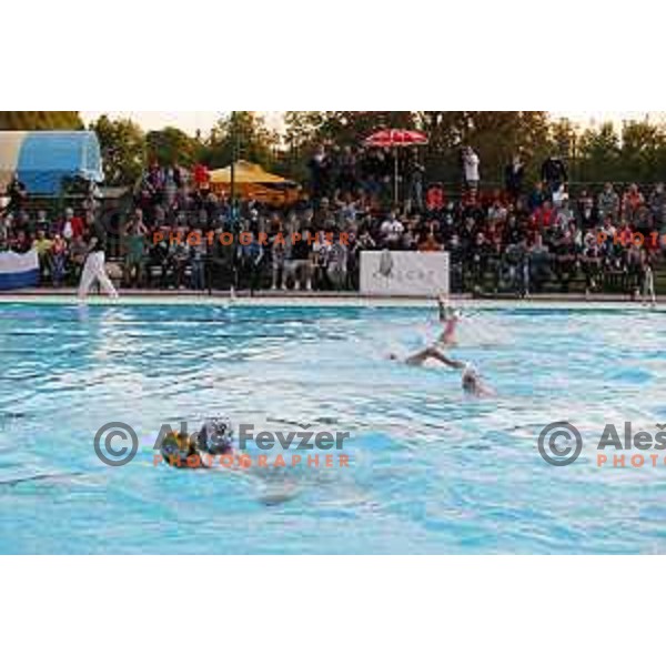 players of Calcit Kamnik celebrate Slovenian National Waterpolo Title after victory over Triglav Kranj in the fourth match of the Final in Kamnik, Slovenia on June 2, 2021