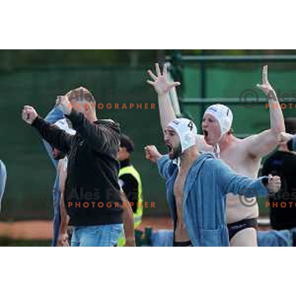 players of Calcit Kamnik celebrate Slovenian National Waterpolo Title after victory over Triglav Kranj in the fourth match of the Final in Kamnik, Slovenia on June 2, 2021