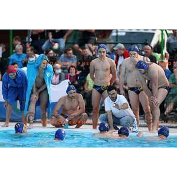 players of Calcit Kamnik celebrate Slovenian National Waterpolo Title after victory over Triglav Kranj in the fourth match of the Final in Kamnik, Slovenia on June 2, 2021