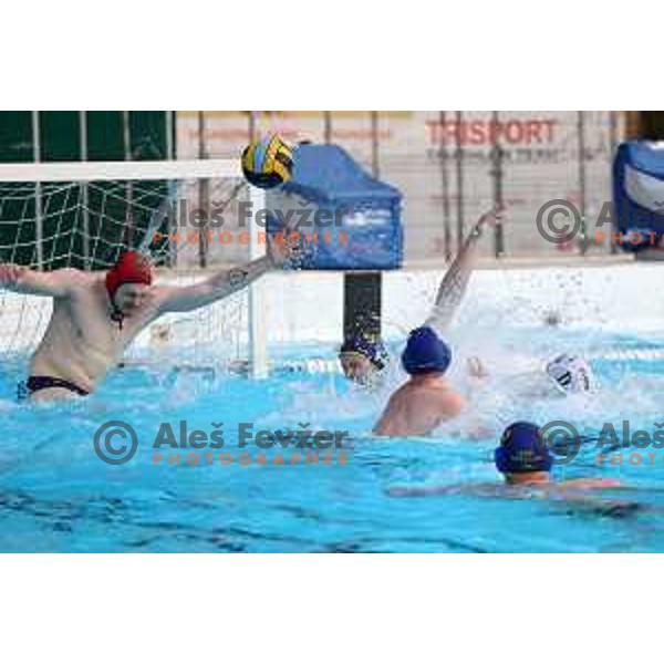 players of Calcit Kamnik celebrate Slovenian National Waterpolo Title after victory over Triglav Kranj in the fourth match of the Final in Kamnik, Slovenia on June 2, 2021