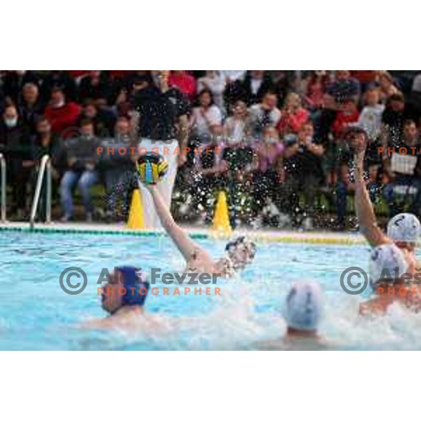 players of Calcit Kamnik celebrate Slovenian National Waterpolo Title after victory over Triglav Kranj in the fourth match of the Final in Kamnik, Slovenia on June 2, 2021