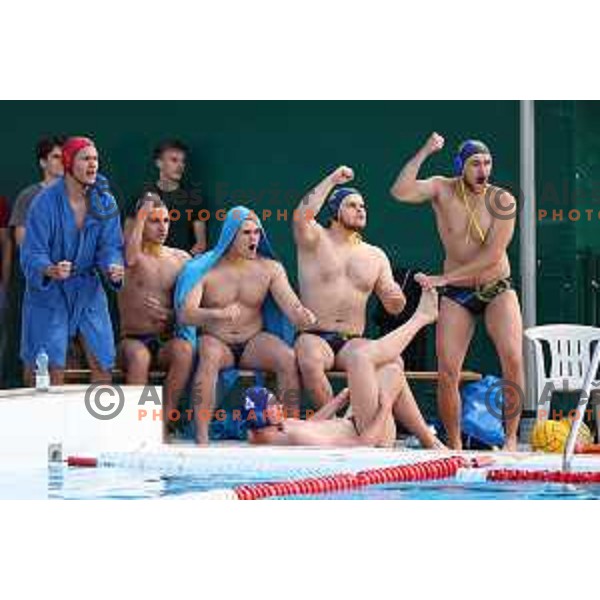 players of Calcit Kamnik celebrate Slovenian National Waterpolo Title after victory over Triglav Kranj in the fourth match of the Final in Kamnik, Slovenia on June 2, 2021