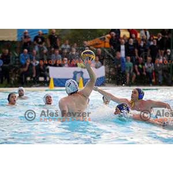 players of Calcit Kamnik celebrate Slovenian National Waterpolo Title after victory over Triglav Kranj in the fourth match of the Final in Kamnik, Slovenia on June 2, 2021