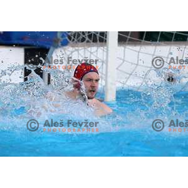 players of Calcit Kamnik celebrate Slovenian National Waterpolo Title after victory over Triglav Kranj in the fourth match of the Final in Kamnik, Slovenia on June 2, 2021