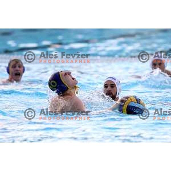 players of Calcit Kamnik celebrate Slovenian National Waterpolo Title after victory over Triglav Kranj in the fourth match of the Final in Kamnik, Slovenia on June 2, 2021