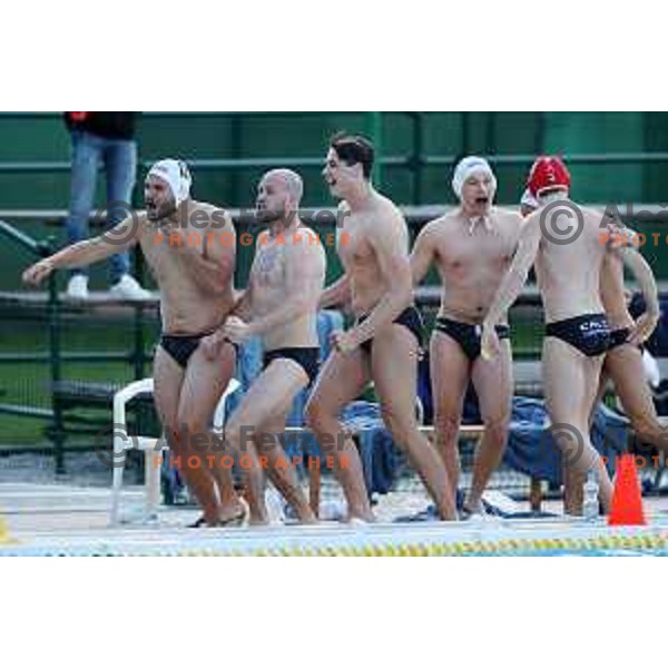 players of Calcit Kamnik celebrate Slovenian National Waterpolo Title after victory over Triglav Kranj in the fourth match of the Final in Kamnik, Slovenia on June 2, 2021