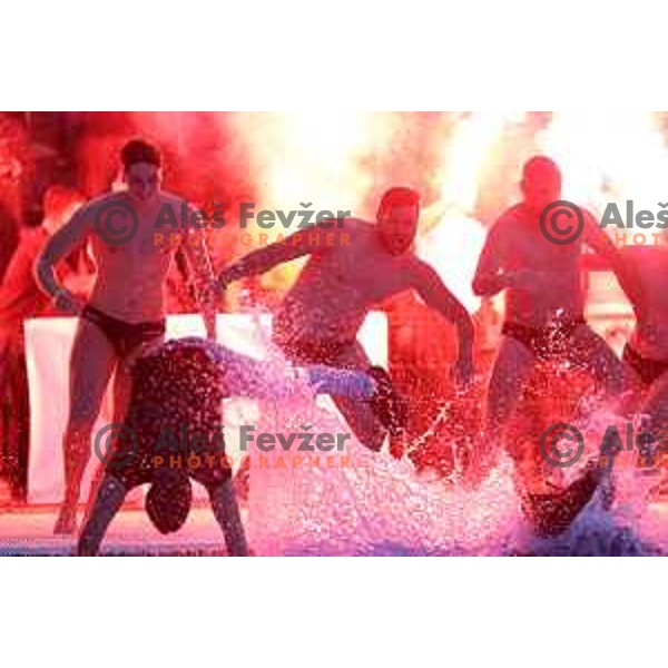 players of Calcit Kamnik celebrate Slovenian National Waterpolo Title after victory over Triglav Kranj in the fourth match of the Final in Kamnik, Slovenia on June 2, 2021