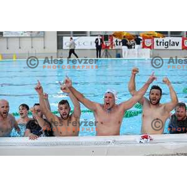 players of Calcit Kamnik celebrate Slovenian National Waterpolo Title after victory over Triglav Kranj in the fourth match of the Final in Kamnik, Slovenia on June 2, 2021