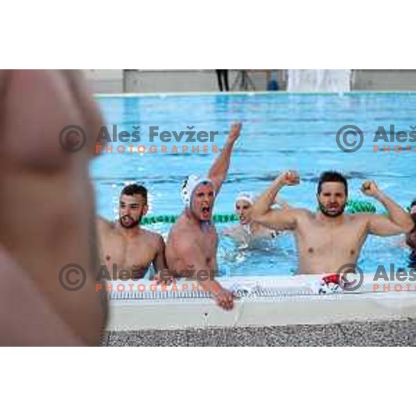players of Calcit Kamnik celebrate Slovenian National Waterpolo Title after victory over Triglav Kranj in the fourth match of the Final in Kamnik, Slovenia on June 2, 2021