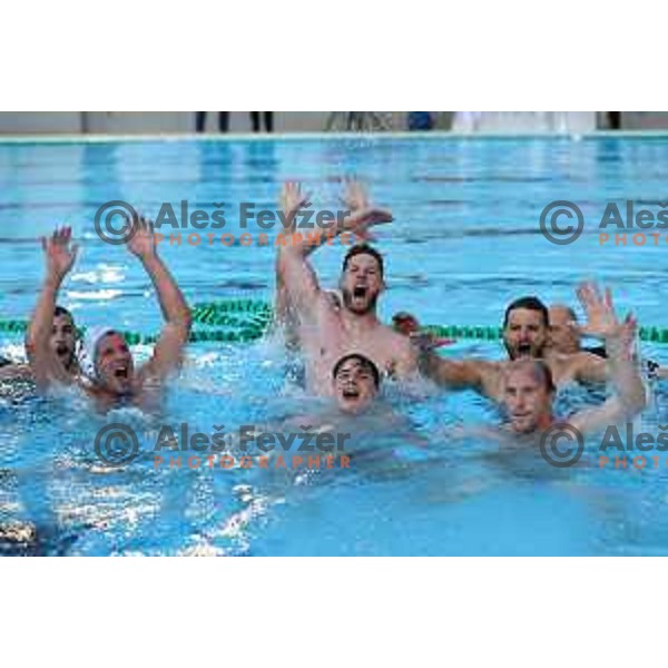 players of Calcit Kamnik celebrate Slovenian National Waterpolo Title after victory over Triglav Kranj in the fourth match of the Final in Kamnik, Slovenia on June 2, 2021