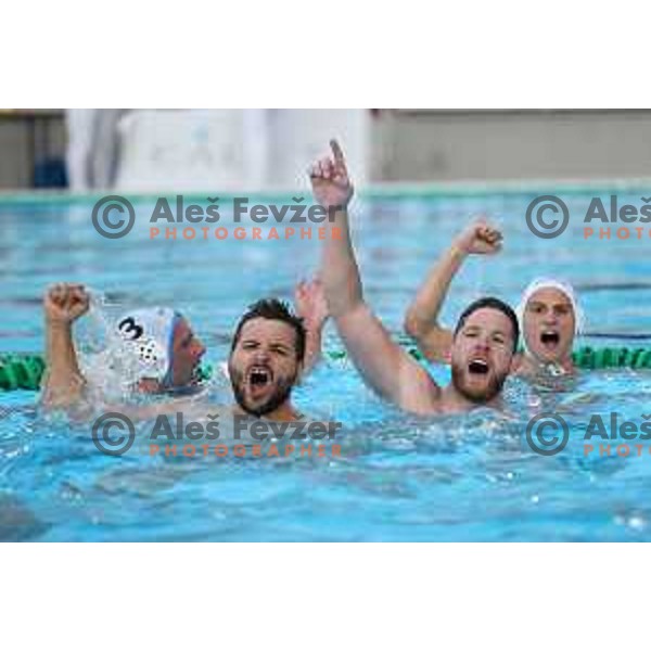 players of Calcit Kamnik celebrate Slovenian National Waterpolo Title after victory over Triglav Kranj in the fourth match of the Final in Kamnik, Slovenia on June 2, 2021