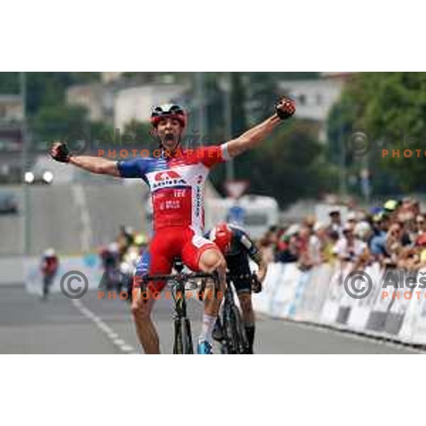 Jaka Spoljar celebrates victory in U-19 category at Slovenian Road Championship in Koper, Slovenia on June 20, 2021