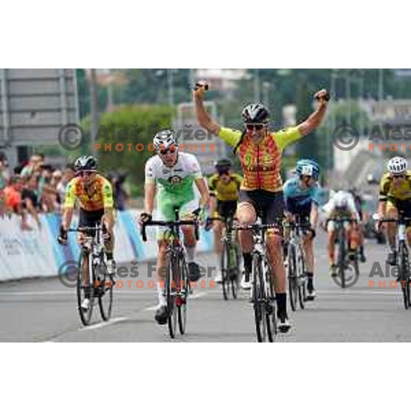 Eugenia Bujak celebrates victory in Women\'s Elite category at Slovenian Road Championship in Koper, Slovenia on June 20, 2021