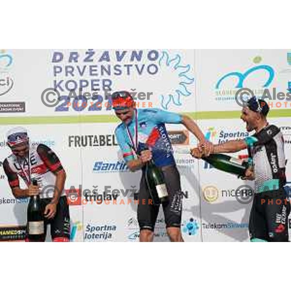 Jan Polanc (second placed), winner Matej Mohoric and Luka Mezgec (third placed) in Men’s Elite category race (174 km) at Slovenian Road Championship in Koper, Slovenia on June 20, 2021