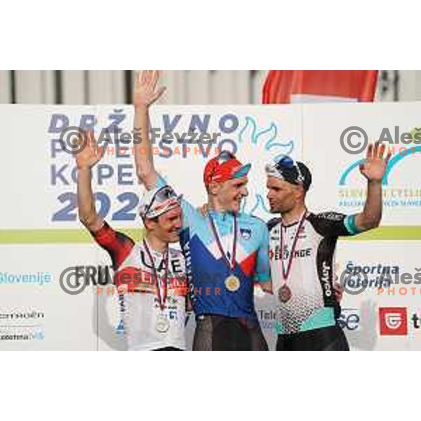 Jan Polanc (second placed), winner Matej Mohoric and Luka Mezgec (third placed) in Men’s Elite category race (174 km) at Slovenian Road Championship in Koper, Slovenia on June 20, 2021