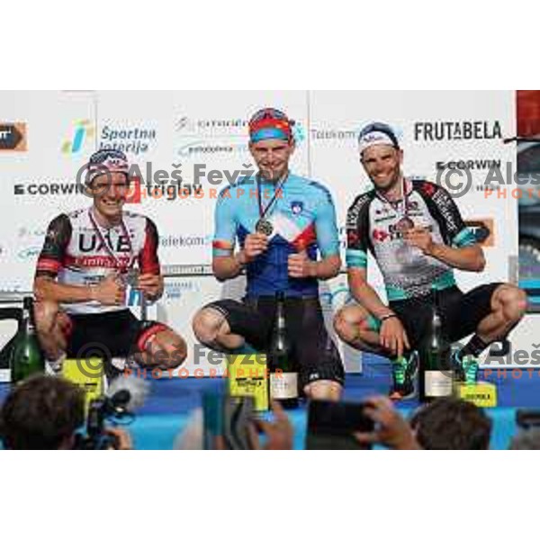 Jan Polanc (second placed), winner Matej Mohoric and Luka Mezgec (third placed) in Men’s Elite category race (174 km) at Slovenian Road Championship in Koper, Slovenia on June 20, 2021
