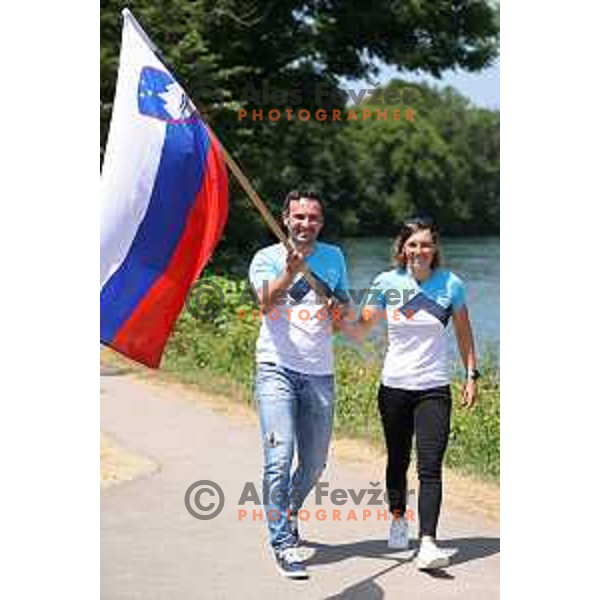 Bojan Tokic and Eva Tercelj, flag bearers of Slovenia Olympic team for Tokyo Summer Olympic games during photo shooting in Ljubljana, Slovenia on June 29, 2021
