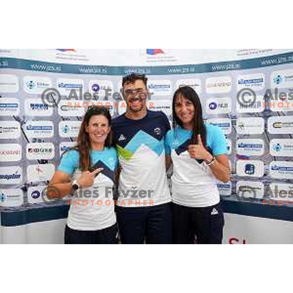 Tina Mrak, Zan Luka Zelko and Veronika Macarol, members of Slovenia Sailing team for Tokyo 2020 Summer Olympic games during press conference in Portoroz, Slovenia on July 7, 2021
