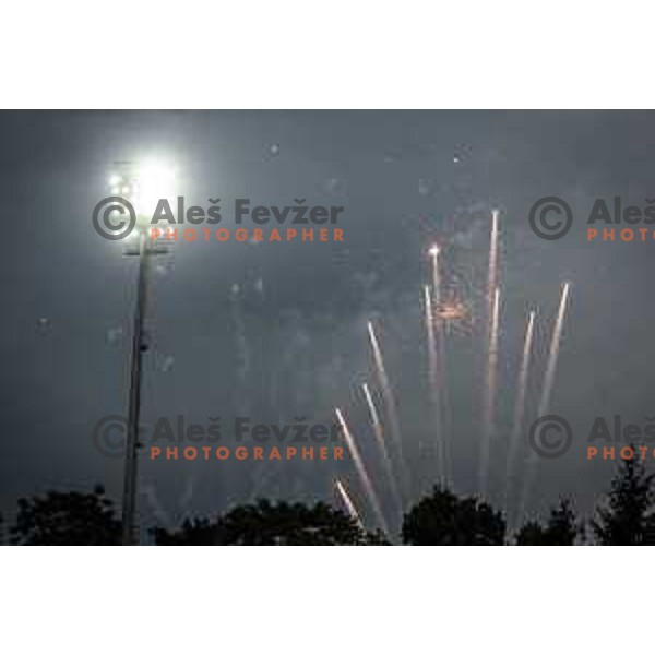 Fireworks during UEFA Champions League qualifier football match between Mura and Shkëndija in Fazanerija, Murska Sobota, Slovenia on July 13. 2021