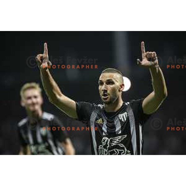 Nino Kouter celebrating during UEFA Champions League qualifier football match between Mura and Shkëndija in Fazanerija, Murska Sobota, Slovenia on July 13. 2021