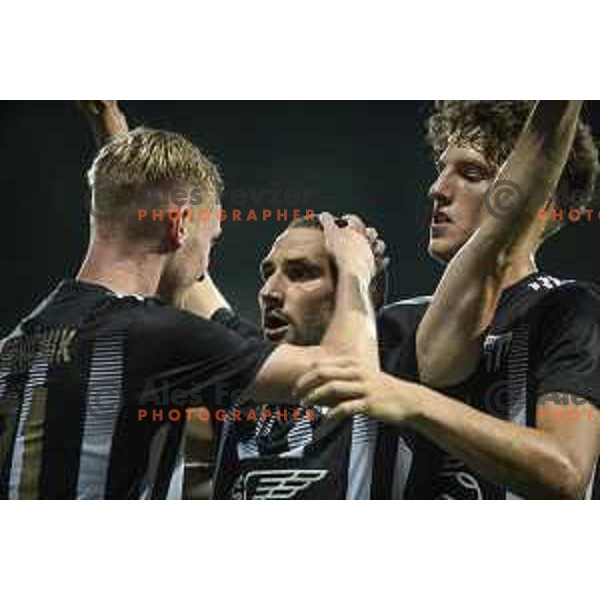 Nino Kouter, Kai Cipot celebrating during UEFA Champions League qualifier football match between Mura and Shkëndija in Fazanerija, Murska Sobota, Slovenia on July 13. 2021