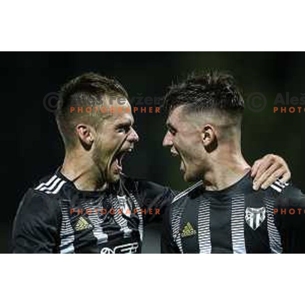 Tomi Horvat and Mihael Klepac celebrating during UEFA Champions League qualifier football match between Mura and Shkëndija in Fazanerija, Murska Sobota, Slovenia on July 13. 2021
