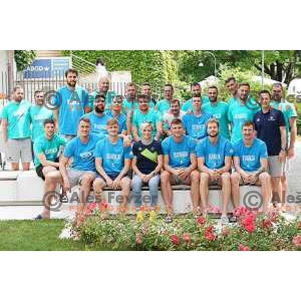 Slovenia Men\'s basketball Olympic team in company of Slovenska Bakla (Slovenian Torch) in front of Bled Rose hotel, Slovenia on July 13, 2021