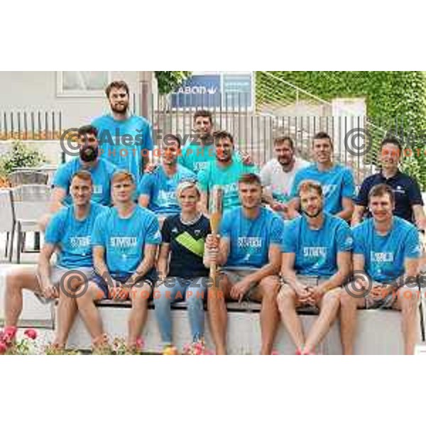 Slovenia Men\'s basketball Olympic team in company of Slovenska Bakla (Slovenian Torch) in front of Bled Rose hotel, Slovenia on July 13, 2021
