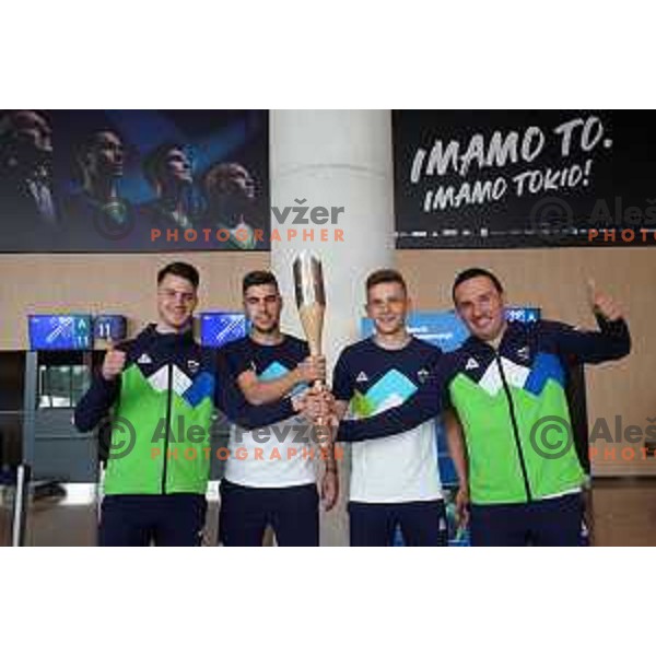 Deni Kozul, Darko Jorgic, Peter Hribar and Bojan Tokic, members of Slovenia Olympic Table Tennis team during farewell meeting with Urska Zolnir and Petra Majdic of Slovenska bakla at Ljubljana Airport, Brnik on July 17, 2021