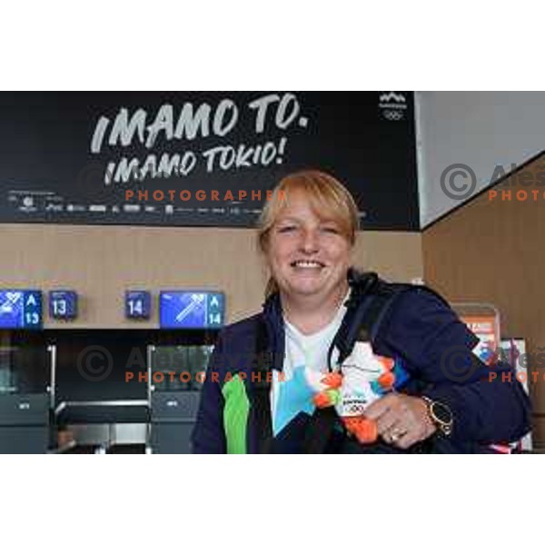 Andreja Ojstersek of Slovenia Olympic Table Tennis team during farewell meeting with Slovenska bakla at Ljubljana Airport, Brnik on July 17, 2021