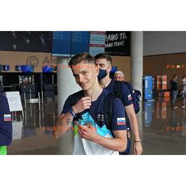 Peter Hribar of Slovenia Olympic Table Tennis team during farewell meeting with Slovenska bakla at Ljubljana Airport, Brnik on July 17, 2021