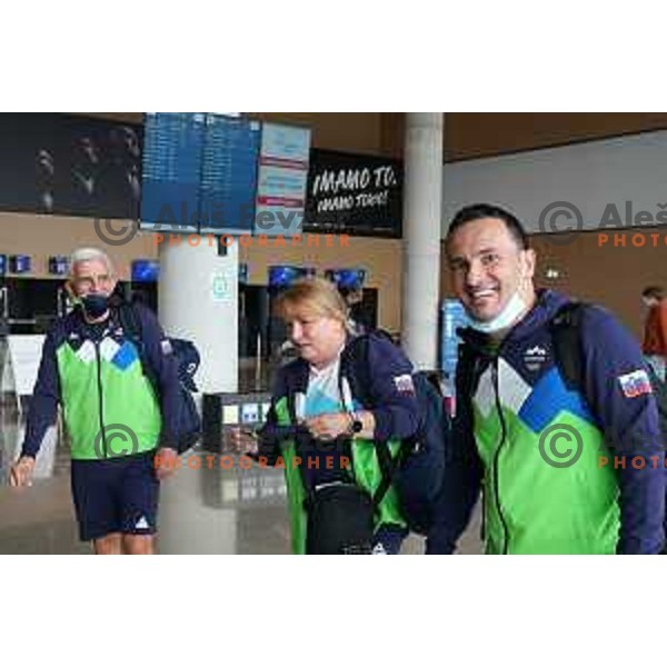 Bojan Tokic and members of Slovenia Olympic Table Tennis team during farewell meeting with Urska Zolnir and Petra Majdic of Slovenska bakla at Ljubljana Airport, Brnik on July 17, 2021