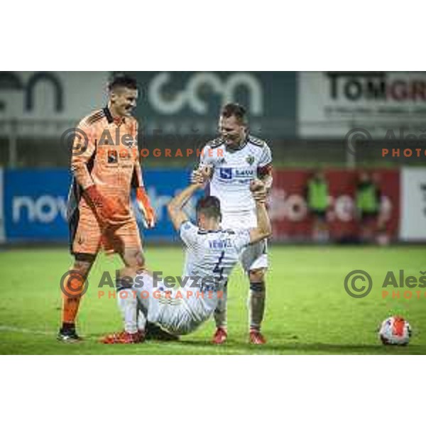 Azbe Jug, Blaz Vrhovec and Martin Milec during Prva liga Telemach football match between Celje and Maribor in Arena z’Dežele, Celje, Slovenia on July 18, 2021