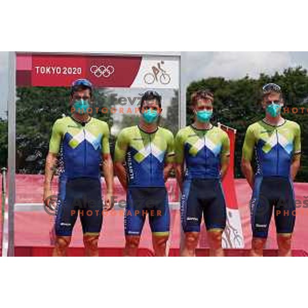 of team Slovenia during Men’s Road Race from Musashinonomori Park to Fuji International Speedway (234 km) at Tokyo 2020 Summer Olympic Games, Japan on July 24, 2021