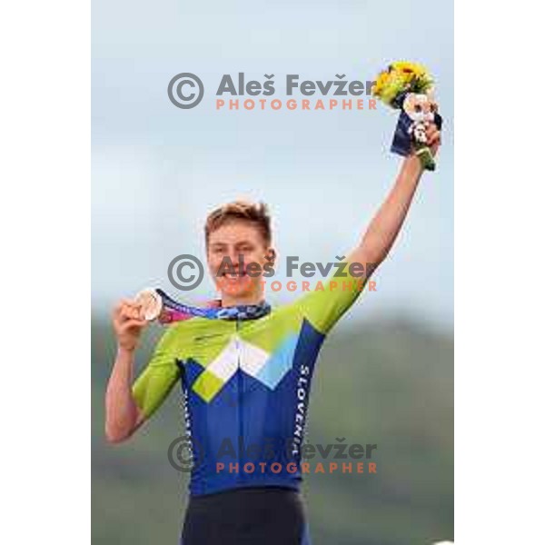 Tadej Pogacar of Slovenia, winner of bronze medal at Men’s Road Race from Musashinonomori Park to Fuji International Speedway (234 km) at Tokyo 2020 Summer Olympic Games, Japan on July 24, 2021