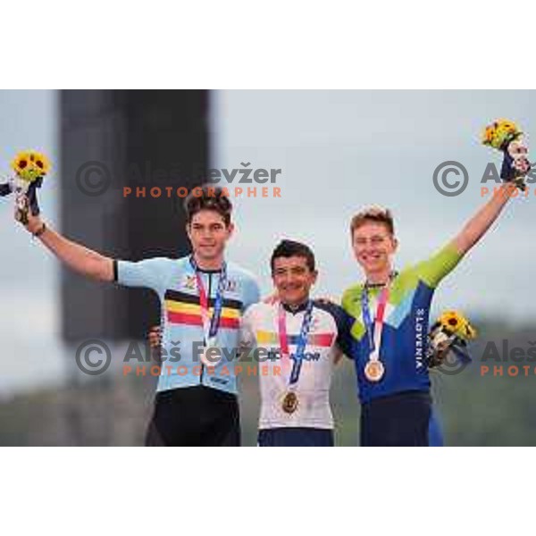 Tadej Pogacar of Slovenia, winner of bronze medal at Men’s Road Race from Musashinonomori Park to Fuji International Speedway (234 km) at Tokyo 2020 Summer Olympic Games, Japan on July 24, 2021