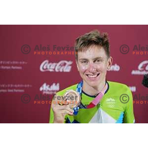Tadej Pogacar of Slovenia, winner of bronze medal at Men’s Road Race from Musashinonomori Park to Fuji International Speedway (234 km) at Tokyo 2020 Summer Olympic Games, Japan on July 24, 2021