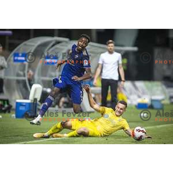 Antoine Makoumbou vs Enes Alic in action during Prva liga Telemach football match between Maribor and Domzale in Ljudski vrt, Maribor, Slovenia on July 25, 2021