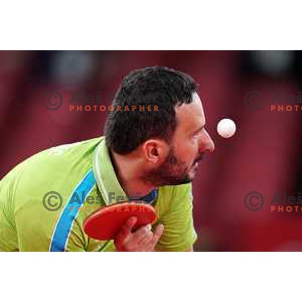 Bojan Tokic competes (SLO) in quarter-final of team competition table tennis match between Slovenia and Korea at Tokyo 2020 Summer Olympic Games, Japan on August 1, 2021