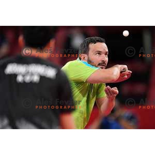 Bojan Tokic competes (SLO) in quarter-final of team competition table tennis match between Slovenia and Korea at Tokyo 2020 Summer Olympic Games, Japan on August 1, 2021