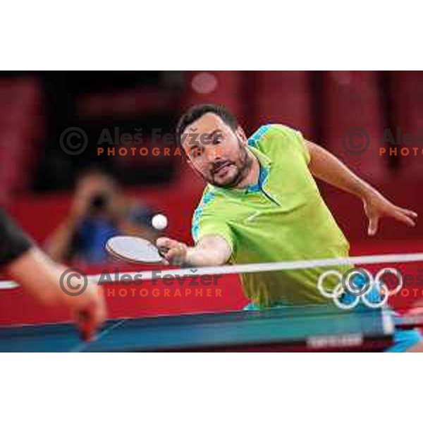 Bojan Tokic competes (SLO) in quarter-final of team competition table tennis match between Slovenia and Korea at Tokyo 2020 Summer Olympic Games, Japan on August 1, 2021