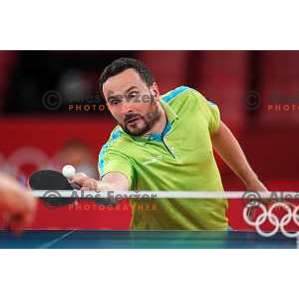Bojan Tokic competes (SLO) in quarter-final of team competition table tennis match between Slovenia and Korea at Tokyo 2020 Summer Olympic Games, Japan on August 1, 2021