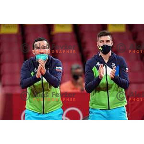Bojan Tokic and Darko Jorgic (SLO) in quarter-final of team competition table tennis match between Slovenia and Korea at Tokyo 2020 Summer Olympic Games, Japan on August 1, 2021