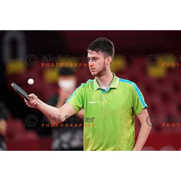 Deni Kozul competes (SLO) in quarter-final of team competition table tennis match between Slovenia and Korea at Tokyo 2020 Summer Olympic Games, Japan on August 1, 2021