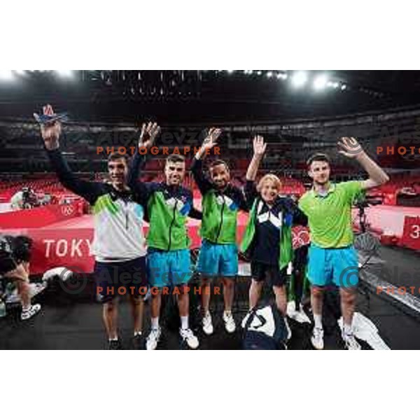 Team Slovenia Darko Jorgic, Bojan Tokic, coach Andreja Ojstersek Urh and Deni Kozul in quarter-final of team competition table tennis match between Slovenia and Korea at Tokyo 2020 Summer Olympic Games, Japan on August 1, 2021