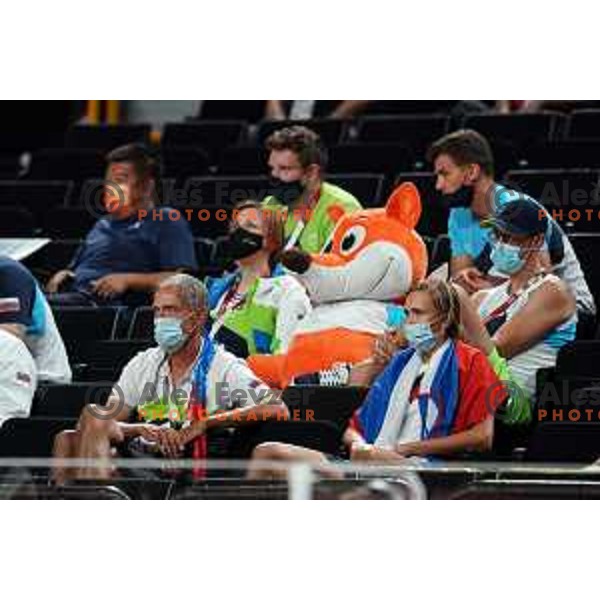 Golf coach Ales Babnik and LET golf players Pia Babnik during semi-final of Men’s Basketball between Slovenia and France in Saitama Super Arena at Tokyo 2020 Summer Olympic Games, Japan on August 5, 2021 