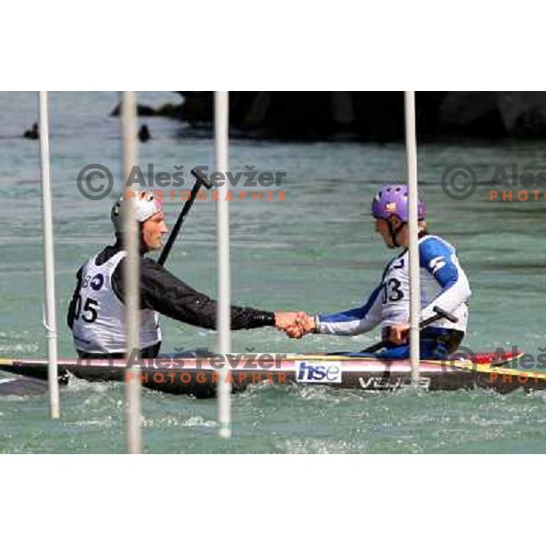 Jost Zakrajsek (right) congratulates Dejan Stevanovic at kayak&canoe slalom for Alpe Adria Cup in Tacen, Ljubljana, Slovenia 27.4.2008. Photo by Ales Fevzer 